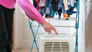 A woman using one of the best dehumidifiers to dry her laundry