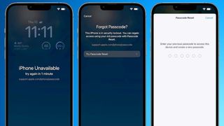 Screenshots showing the IOS 17 passcode reset feature