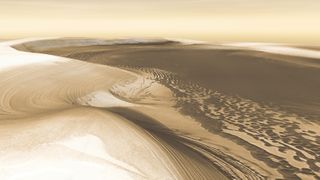 Simulated 3D perspective view of Mars polar cap. A sepia hue image shows smooth white ice caps and darker dust build ups below. The sky is a hazy yellow color.