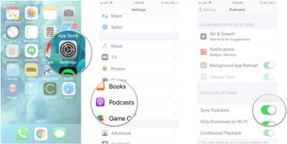 Launch Settings, tap Podcasts, tap the switch next to Sync Podcasts