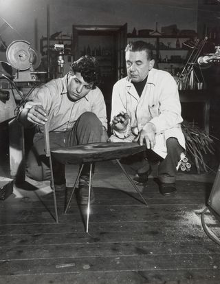 Carl Auböck II, tree table in the workshop, Bernardgasse, Vienna, ca. 1950 © Carl Auböck workshop