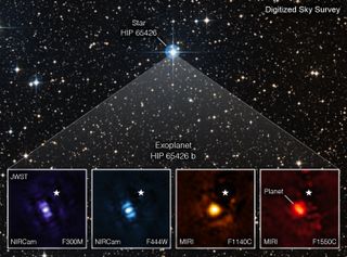 Webb's first images of an alien world, HIP 65426b, are shown at the bottom of a wider image showing the planet’s host star. The images were taken at different wavelengths of infrared light.