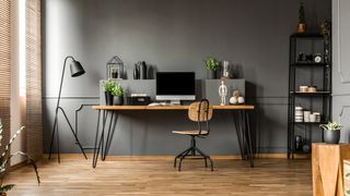 A home office with a standing lamp and bookcase