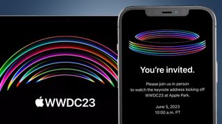 Ein Laptop- und Smartphone-Bildschirm mit Einladungen für die Apple WWDC 2023 Konferenz