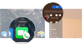 Steps to make FaceTime calls from your Mac, showing how to open FaceTime from your Dock, then enter a name, address, or phone number