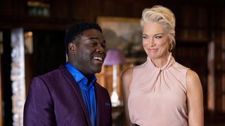 (L, R) Sam Richardson as Edwin Okufo and Hannah Waddingham as Rebecca Welton in Ted Lasso season 3 episode 10 "International Break"