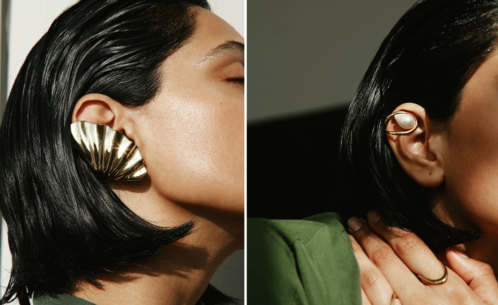 woman wearing gold fan earring and gold and pearl hoop earring