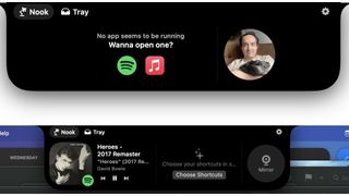 NotchNook showing music and Mirror, shortcuts features