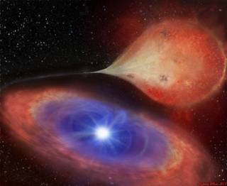 An artist&#039;s depiction of a white dwarf drawing matter from a companion star.