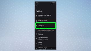 A screenshot from Android 12 showing the gesture settings highlighted