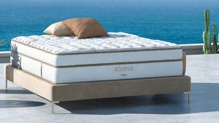 Saatva Classic mattress, our best mattress pick, on a sunny patio