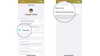 How to manage HomeKit camera permissions in the Home app on the iPhone by showing steps: Tap a Profile Photo or Name, Tap Cameras, Tap Stream Only or Stream and View Recordings.