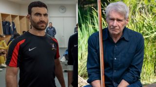 Brett Goldstein as Roy Kent looking forward in Ted Lasso and Harrison Ford as Paul holding an ore and looking sad in Shrinking.