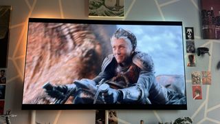 Princess Rhaenys Targaryen riding a dragon in "House of the Dragon" season 2, episode 4 on an LG G3 OLED TV.