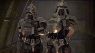 Original model Cylons firing guns in Battlestar Galactica: Razor