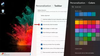 Screenshots from Windows 11 showing settings options for the taskbar 