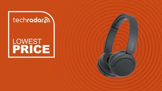 The Sony WH-CH520 headphones on an orange background with text saying Lowest Price next to them.