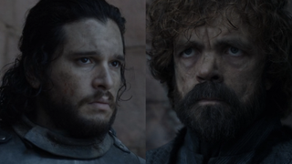 Jon Snow and Tyrion Lannister listening to Dany's speech in Game of Thrones series finale