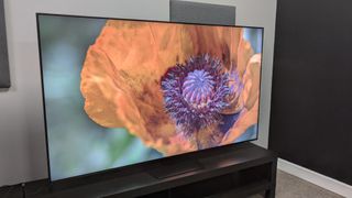 Samsung QN90D from side angle with flower on screen 