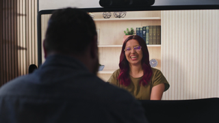 A video conferencing session in a Project Starline booth