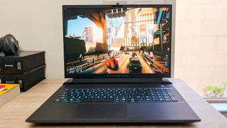 Alienware m18 review unit on a desk