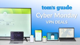 Cyber Monday VPN deals next to various devices running VPN apps.