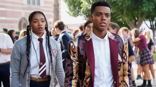 Jabari Banks wearing a shiny burgundy and gold jacket as the fresh prince in Bel-Air season 2 