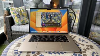 At home with 15-inch MacBook Air, on a mosaic balcony table and on a wooden floor.