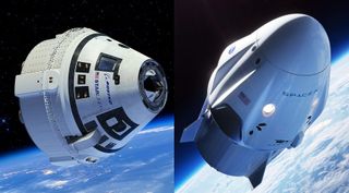 Artists&#039; illustrations of Boeing’s CST-100 Starliner (left) and SpaceX’s Crew Dragon capsules in orbit.