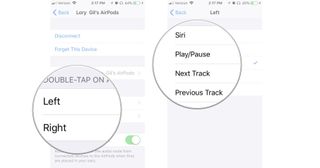 Instructions for picking an AirPod in Settings. Tap left or right, then pick a control
