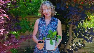 Camilla Sharman holding Chinese money plant and cutting in backyard