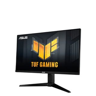 Asus TUF Gaming VG28UQL1A in black with TUF Gaming logo on the screen against a white background.