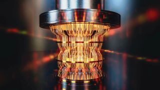 A futuristic glowing quantum computer unit, 3d render.