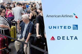 Split image with Delta, United and American logos on the right, stock image of crowded airport on the left
