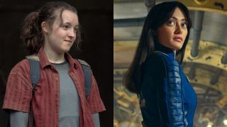 From left to right: Bella Ramsey looking to their right in The Last of Us and Ella Purnell looking over her shoulder in Fallout.