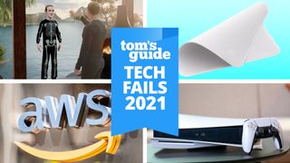 A logo read&#039;s &#039;Tom&#039;s Guide Tech Fails 2021&#039; on a blue background. Images around it are (clockwise from top left) Mark Zuckerberg in the Metaverse, Apple Cleaning Cloth, PS5 console and AWS logo