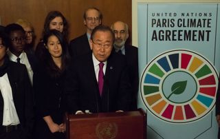  To mark the occasion of the Paris Climate Agreement&#039;s entry into force (Nov. 4, 2016), United Nations Secretary-General Ban Ki-moon attended a meeting of civic society leaders in Conference Room 8 at UN Headquarters in New York City.