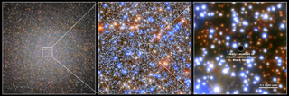 Increasingly zoomed in images of the star cluster Omega Centauri with the final image showing the proposed location of an intermediate black hole.
