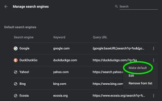 The setting to make DuckDuckGo the default search engine in Google Chrome.