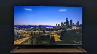 Amazon Omni QLED with dusk city landscape on screen