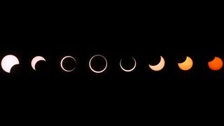 Stages of annular eclipse observed as the eclipse passes through annularity and the sun changes color as it approaches sunset on May 20, 2012 in Grand Canyon National Park, Arizona.