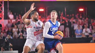 Nico Kaltenbrunner of Austria vies with Jimmer Fredette of the USA during the mens pool play match between Austria and the USA on Day 4 of the FIBA 3x3 World cup ahead of the 2024 Paris Olympics
