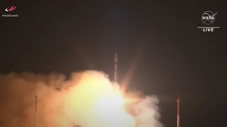 A Russian Soyuz rocket carrying three cosmonauts to the International Space Station lifts off from Baikonur Cosmodrome, Kazakhstan on March 18, 2022.