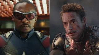 Sam Wilson (Anthony Mackie) walks forward in Captain America: Brave New World, while Tony Stark (Robert Downey Jr.) looks at Doctor Strange in Avengers: Endgame