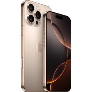 Apple iPhone 16 Pro and 16 Pro Max in desert titanium with back of Pro Max showing cameras