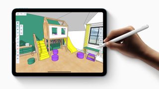 Someone sketching a kids' playroom on an Apple iPad Air (5th Generation) with an Apple Pencil