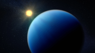 An artist&#039;s illustration shows a bright blue planet in the foreground with a yellow, glowing star in the background.