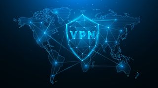 Polygonal vector illustration of the virtual private network's shield reading VPN and world map on the background