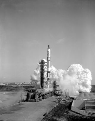 NASA launched the Gemini 5 spacecraft, August 21, 1965 at 0900 EST on a planned eight-day mission from Complex 19. Astronaut Gordon Cooper was the Command Pilot and Charles Conrad the Pilot. This was the longest manned spaceflight at the time.