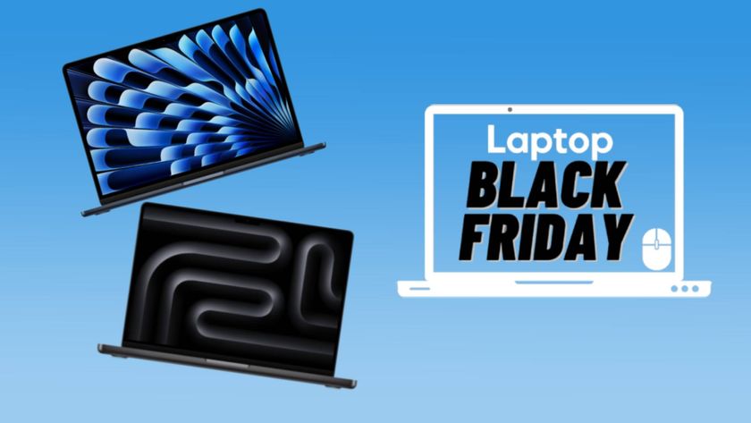 Black Friday MacBook Air and MacBook Pro in black against blue gradient background